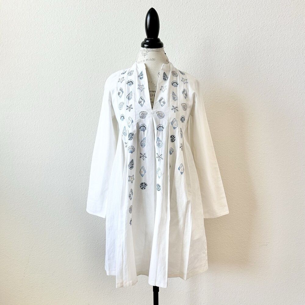 NWT Mi Golondrina Isabela Dress White Blue Embroidered Long Sleeve Shells Sz XS